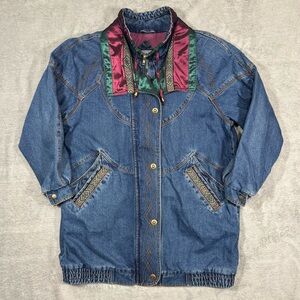VTG 90s Current Seen Womens Long Denim Jacket Western Aztec Tapestry 80s Boho L